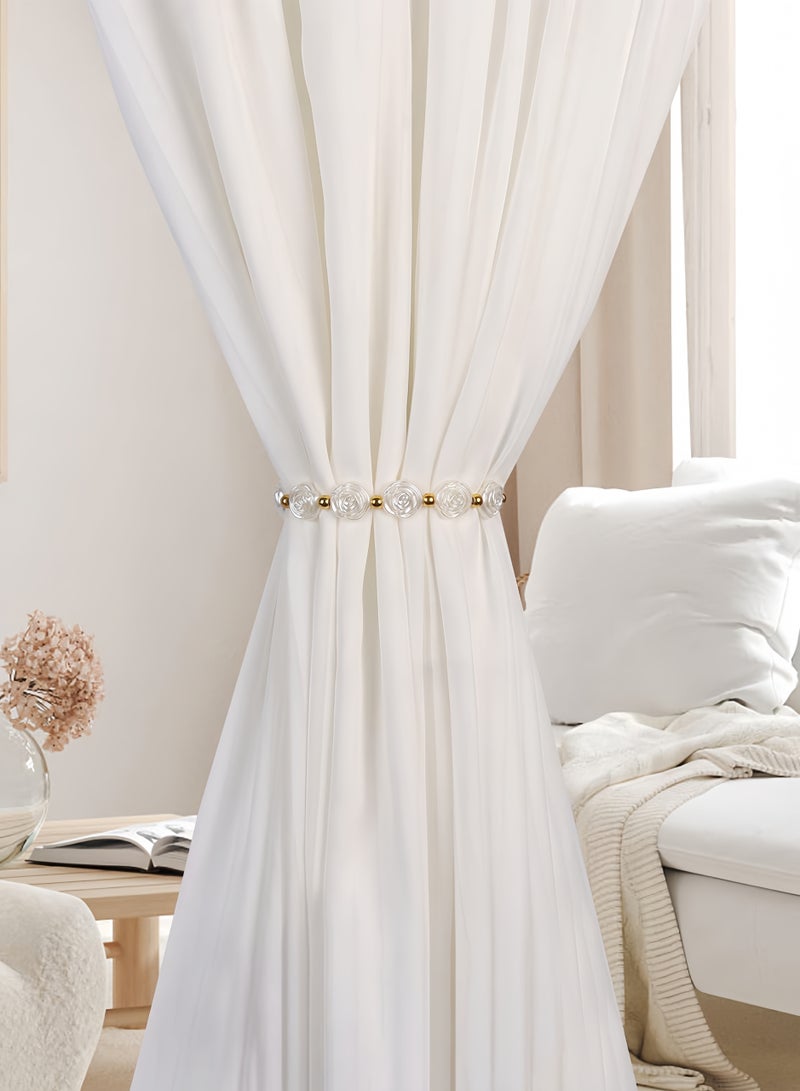 Camellia Magnetic Curtain Tiebacks, 2 Pack Flower Magnetic Curtain Tie Backs, Magnetic Curtain Holdbacks with Double Elastic Cord for Thin or Thick Home Hotel Office Curtains（White） - Image 3