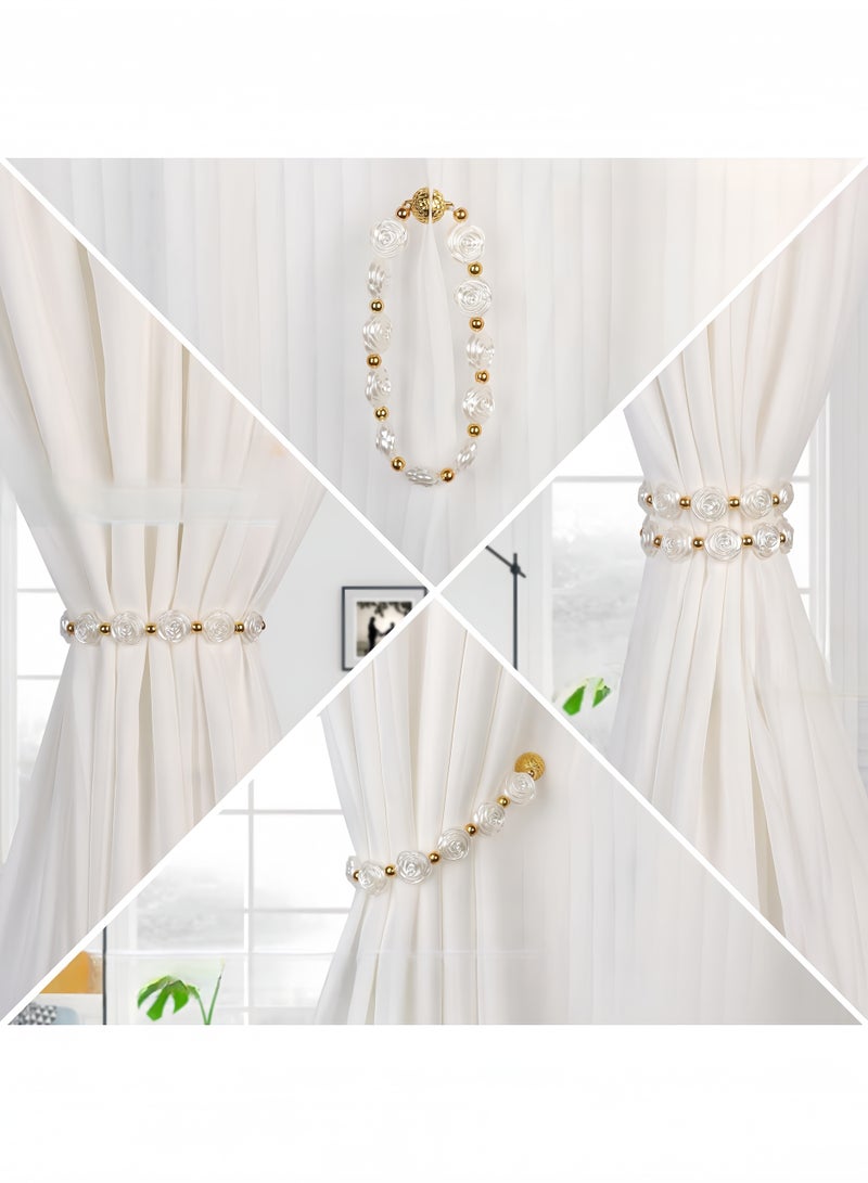 Camellia Magnetic Curtain Tiebacks, 2 Pack Flower Magnetic Curtain Tie Backs, Magnetic Curtain Holdbacks with Double Elastic Cord for Thin or Thick Home Hotel Office Curtains（White） - Image 5