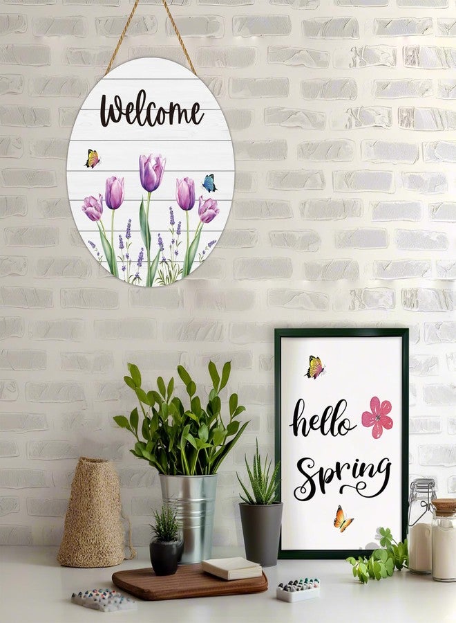 YUNKKIN Spring Decorations for Home Spring Door Decor Butterfly Tulip Wall Decor Wooden Tulip Wreaths for Front Door Hanger Welcome Sign for Porch Wall Indoor Home Decor(Purple) - Image 4