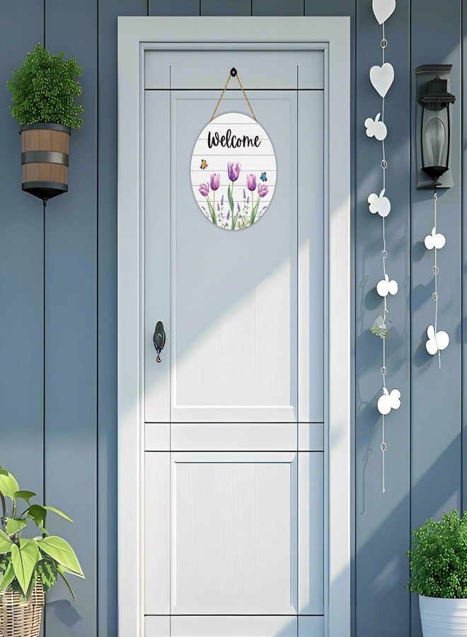 YUNKKIN Spring Decorations for Home Spring Door Decor Butterfly Tulip Wall Decor Wooden Tulip Wreaths for Front Door Hanger Welcome Sign for Porch Wall Indoor Home Decor(Purple) - Image 3