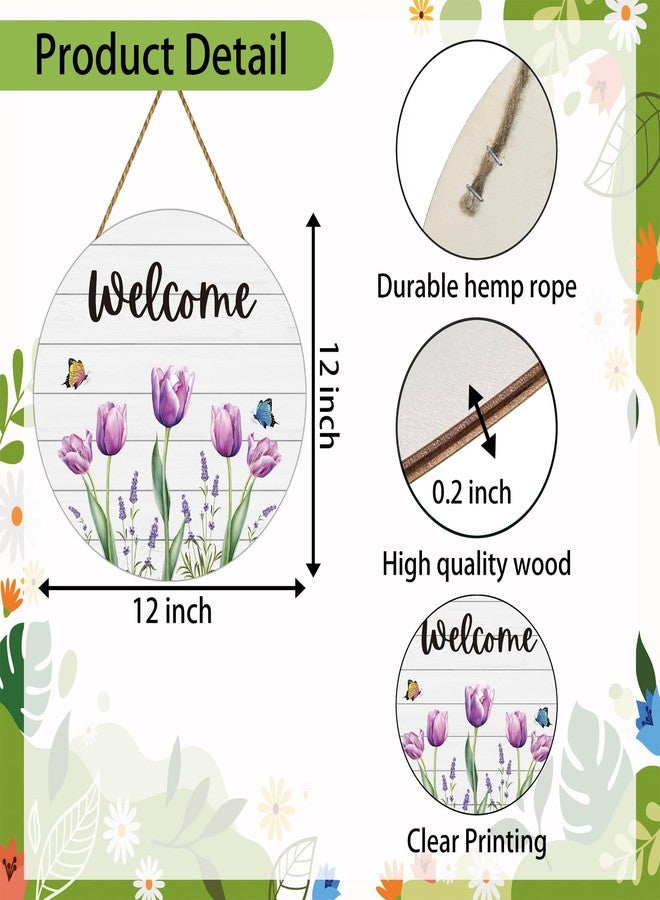 YUNKKIN Spring Decorations for Home Spring Door Decor Butterfly Tulip Wall Decor Wooden Tulip Wreaths for Front Door Hanger Welcome Sign for Porch Wall Indoor Home Decor(Purple) - Image 2