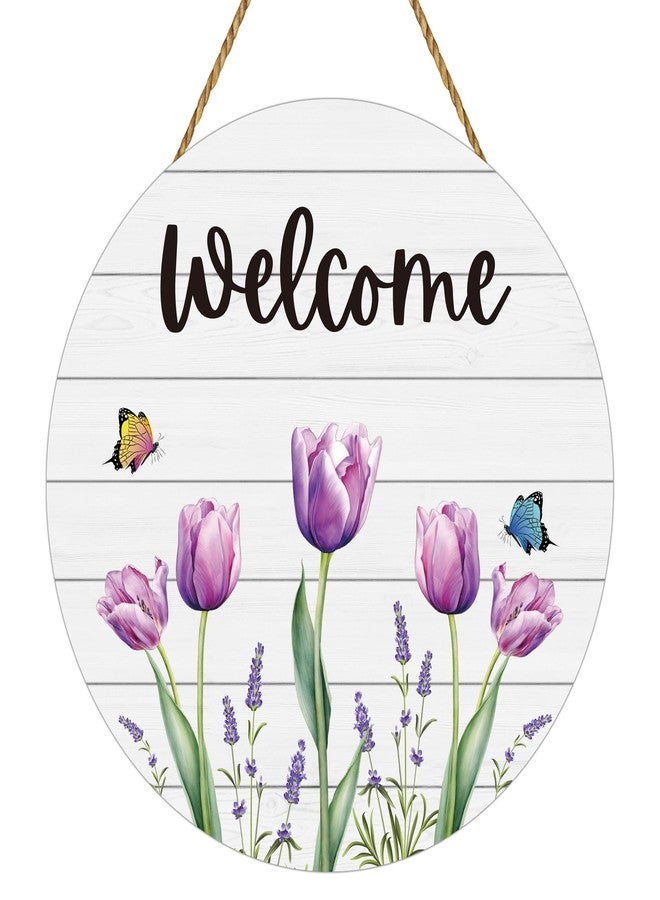 YUNKKIN Spring Decorations for Home Spring Door Decor Butterfly Tulip Wall Decor Wooden Tulip Wreaths for Front Door Hanger Welcome Sign for Porch Wall Indoor Home Decor(Purple) - Image 1