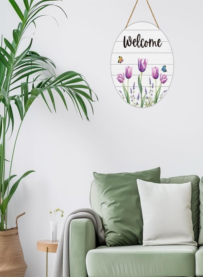 YUNKKIN Spring Decorations for Home Spring Door Decor Butterfly Tulip Wall Decor Wooden Tulip Wreaths for Front Door Hanger Welcome Sign for Porch Wall Indoor Home Decor(Purple) - Image 5