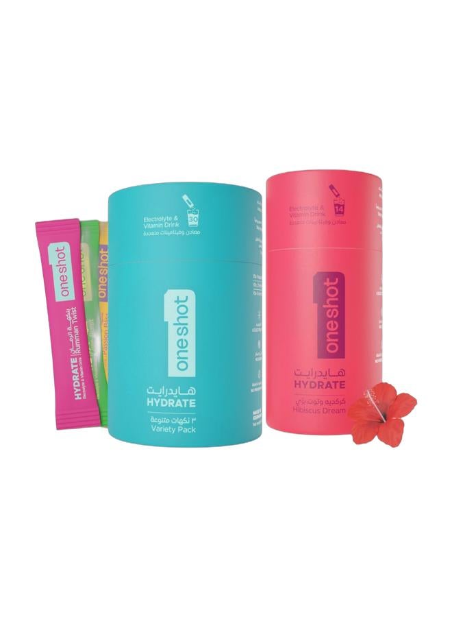 ون شوت ترطيب يومي، مشروب مسحوق الإلكتروليت الخالي من السكر مع الفيتامينات والزنك، بدون مذاق لاحق، عبوة متنوعة + نكهة الكركديه، 45 ظرف - Image 1