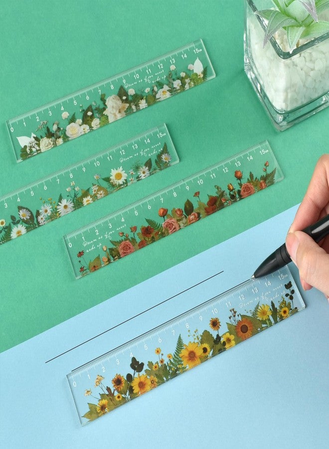 BAYTORY 4 Pack Clear Plastic Rulers 6 Inch, Aesthetic Acrylic Small Ruler, Measuring Drafting Metric Bulk Ruler with Centimeters for School Home Office (Clear Flower 6 Inch) - Image 3