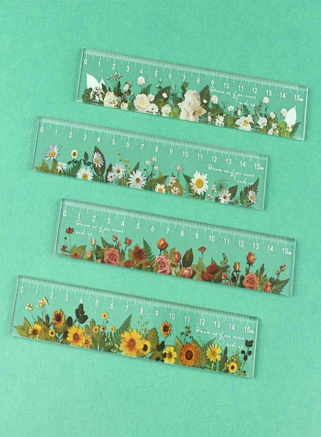 BAYTORY 4 Pack Clear Plastic Rulers 6 Inch, Aesthetic Acrylic Small Ruler, Measuring Drafting Metric Bulk Ruler with Centimeters for School Home Office (Clear Flower 6 Inch) - Image 1