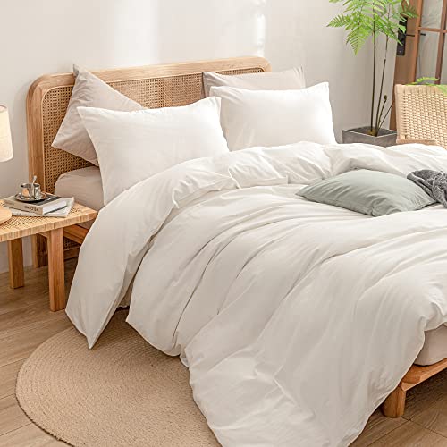 BESTOUCH Duvet Cover Set 100% Washed Cotton Linen Feel Super Soft Comfortable Chic Lightweight 3 PCs Home Bedding Set Solid Off White Queen - Image 5