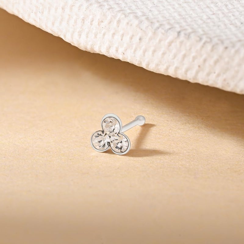 TOUCH925 Store 925 Silver Tri Cluster Nose Pin for Women and Girls | Triple CZ Studded Nose Pin in Pure Silver | Adjustable Dainty Nose Jewelry for Gifting & Ethnic Looks - Image 3