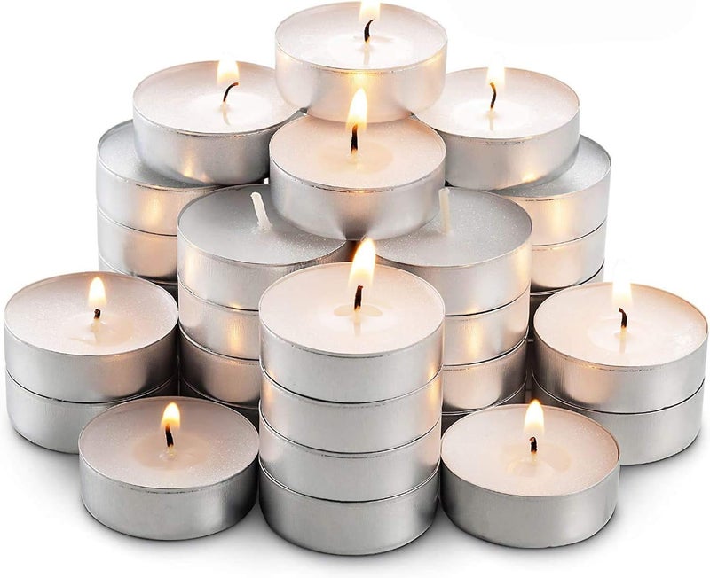 (Pack of 50) Unscented Smokeless 2.5 Hours Paraffin Wax White Tea Light Candle Set for Home Party Decor Diwali Decoration Kit - Pack of 50