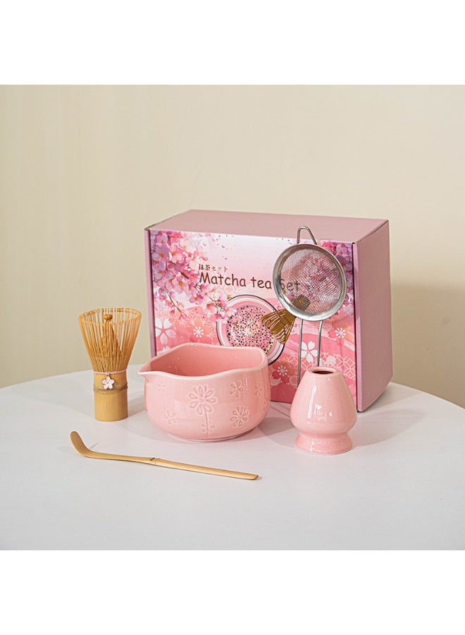 5-piece Japanese Matcha Set, for Traditional Tea Ceremony-Coarse Ceramic Perfect Handmade Matcha Kit to Prepare Traditional Matcha Tea, 100% Natural Matcha Gift Kit (pink) - Image 1