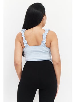 Lost + Wander Women Queen Anne Neck Sleeveless Textured Bodysuit, Light Blue  - Image 4