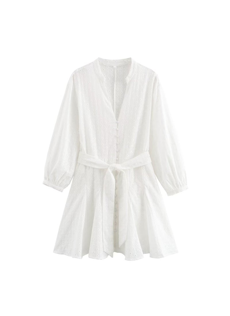 Generic - New Style European and American Speed Selling Womens Clothing Wholesale ZRA In-stock Hollow Out Embroidery Short Dress white - Image 1