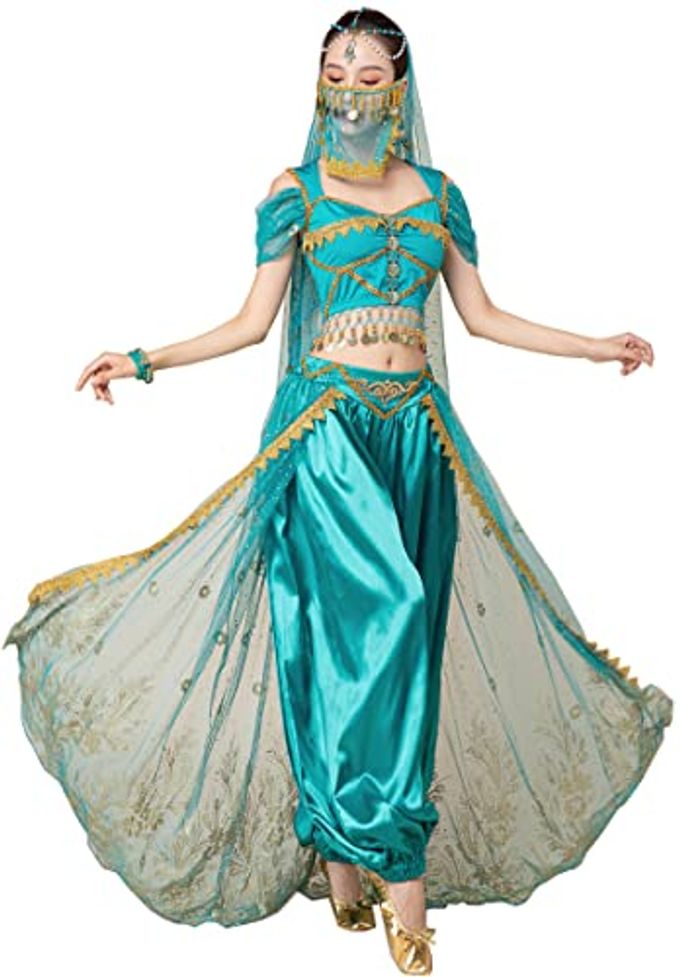 ORIDOOR Women's New Aladdin Jasmine Princess Belly dance Halloween Costume Set Belly Dance for Dress Up Party 5 Piece Outfit Medium Malachite Blue - Image 1