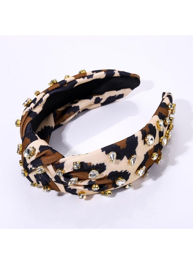 HSWE Leopard Knotted Headband For Women Pearl Rhinestone Jeweled Embellished Leopard Print Top Knot Hairband Cheetah Headpiece Statement Wide Turban Hair Hoop Funny Gifts For Girls Ladies Sister - Image 2