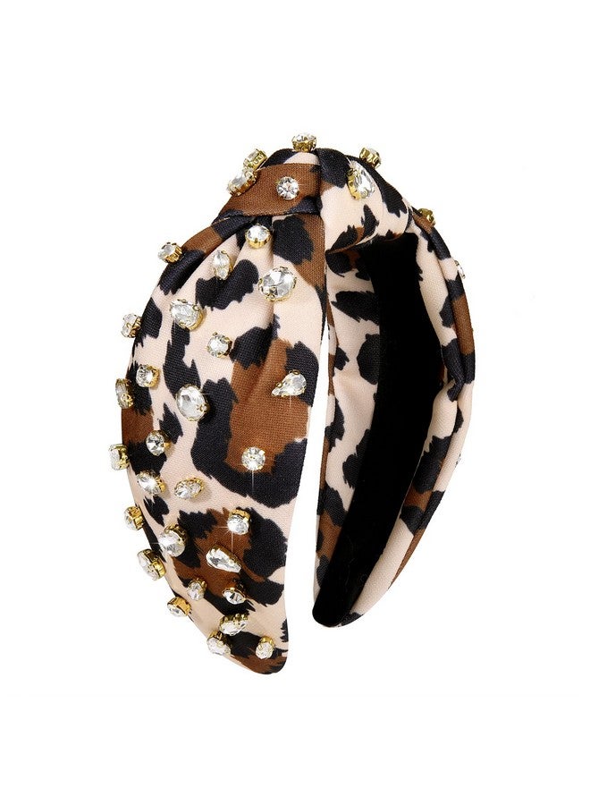 HSWE Leopard Knotted Headband For Women Pearl Rhinestone Jeweled Embellished Leopard Print Top Knot Hairband Cheetah Headpiece Statement Wide Turban Hair Hoop Funny Gifts For Girls Ladies Sister - Image 5