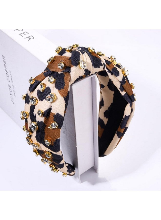 HSWE Leopard Knotted Headband For Women Pearl Rhinestone Jeweled Embellished Leopard Print Top Knot Hairband Cheetah Headpiece Statement Wide Turban Hair Hoop Funny Gifts For Girls Ladies Sister - Image 4