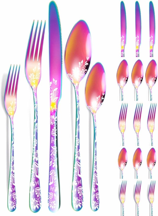 KESESU Silverware Set, KESESU 20 Pieces Stainless Steel Square Flatware Cutlery Set for 4, Modern Tableware Eating Utensils for Kitchen, Matte Finish, Dishwasher Safe – Rainbow (20, Rainbow) - Image 1