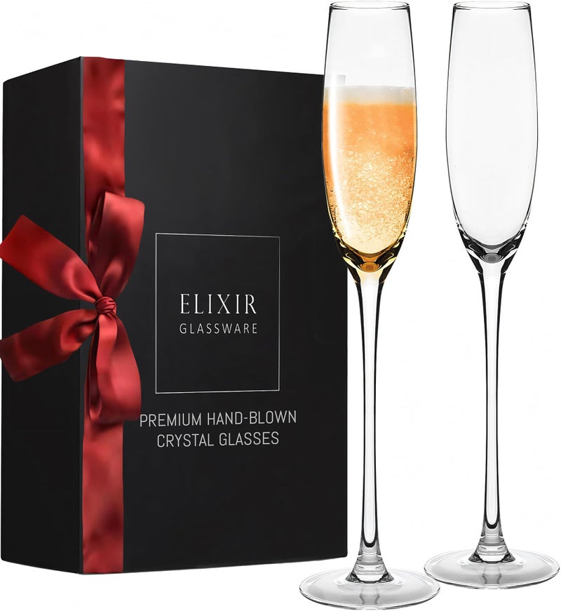 Elixir Glassware ELIXIR GLASSWARE Champagne Flutes  5 oz  Set of 2 Crystal Glass Flutes Hand Blown Edge Champagne Glasses  Premium Crystal Champagne Glasses  Prosecco Wine Flute Mimosa Glasses Bar Glassware