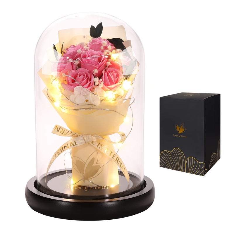 Dream of Flowers Mothers Day Flower Gifts for MomBeauty and The Beast Rose in Glass DomePink RosesForever Flowers Bouquets AnniversaryBirthday Gifts for Women Mom Wife Girlfriend 
