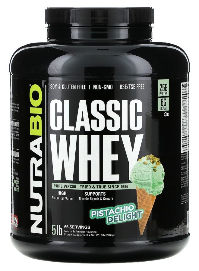 NutraBio بروتين مصل اللبن الكلاسيكي بنكهة الفستق 5 رطل (2268 جرام) - Image 1