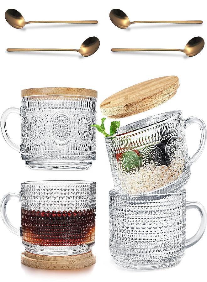 HAPTIME 4 Pcs Vintage Coffee Mugs, Overnight Oats Containers with Lids and Spoons, 14oz Clear Glass Tea Cups, Cute Coffee Bar Accessories, Iced Coffee Glasses, Ideal for Cappuccino, Tea, Latte, Oats, Gift  - Image 1