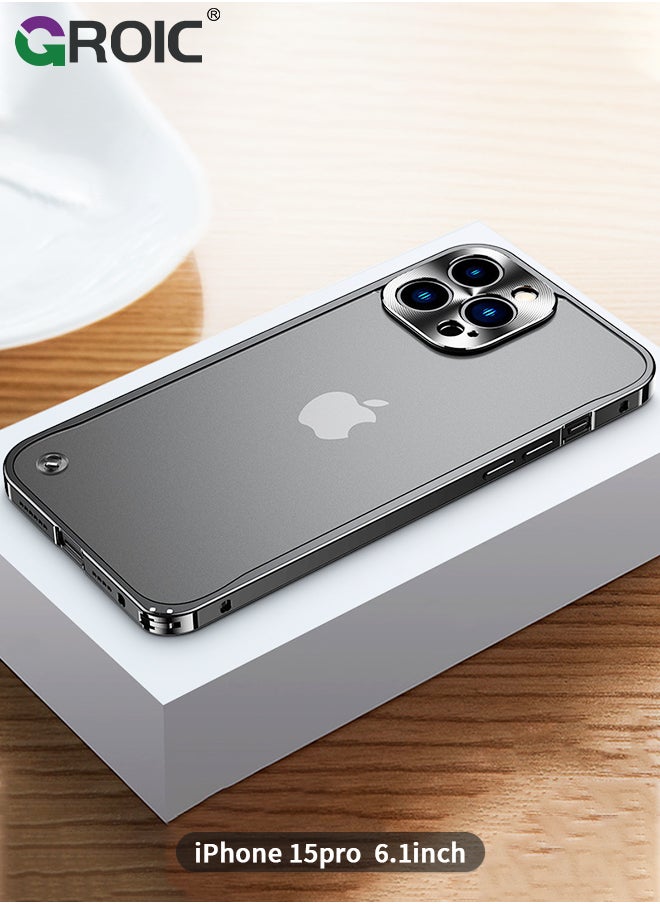 GROIC Metal Frame Black Case for iPhone 15 Pro, Ultra Slim Frosted PC Matte Back with Lanyard Holes Lock Type Aluminum Alloy Bumper  - Image 1