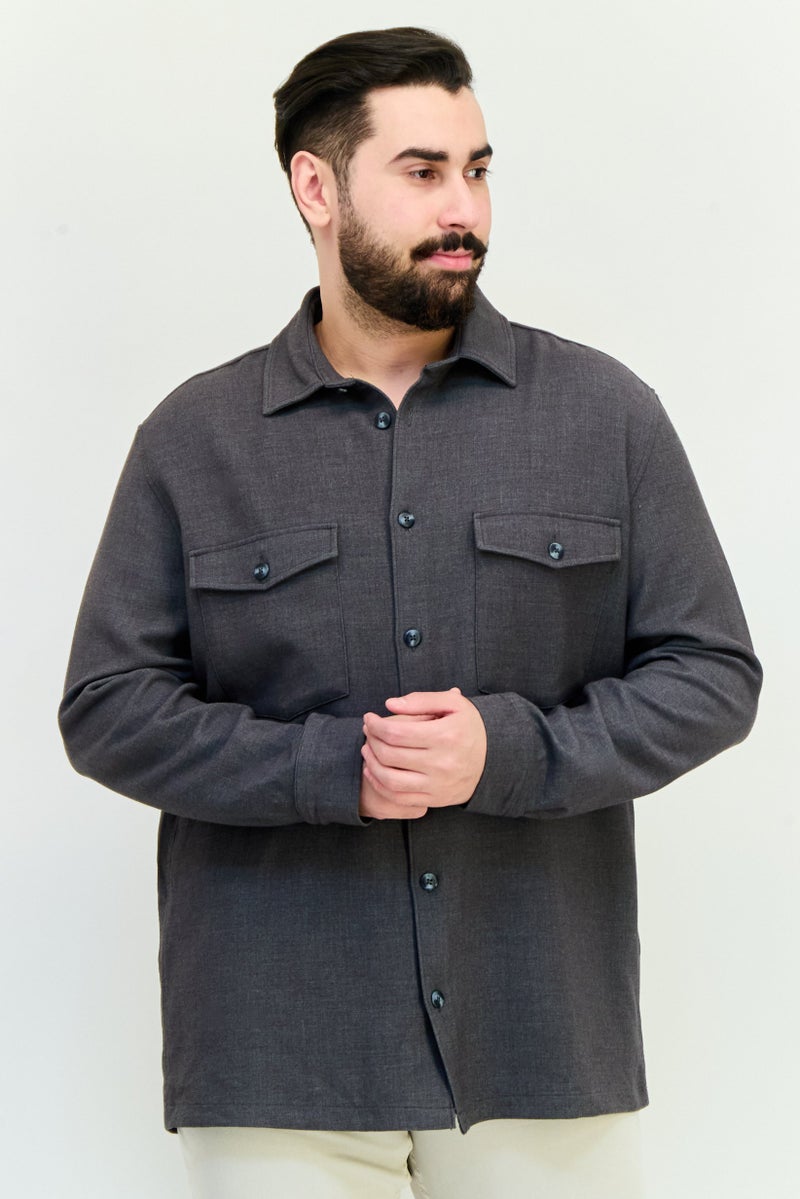 Celio قميص جاكيت بأكمام طويلة للرجال بتصميم عادي، رمادي غامق - Image 1