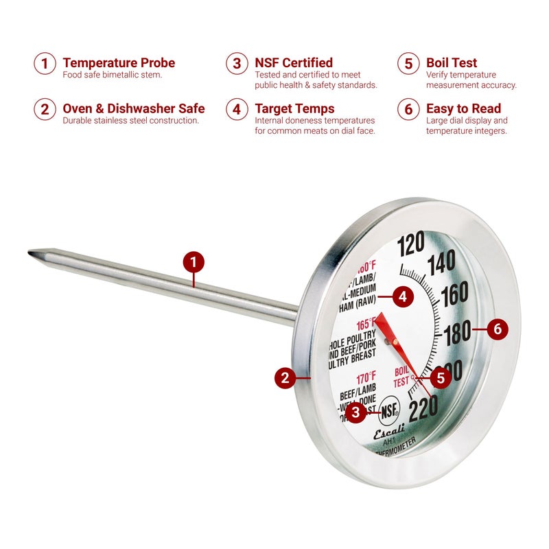 Escali AH1 2 Pack Oven Safe Meat Thermometers, Stainless Steel, Thermometer with 2.5 inch Large Dial, Oven and Grill Safe Temperature Gauge for Cooking, Roasting, Baking, Candy, Steak, Turkey - Image 2