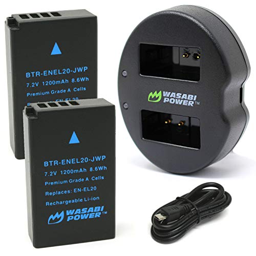 Wasabi Power Battery 2-Pack and Dual Charger for Nikon EN-EL20/EN-EL20a and Coolpix A, Nikon 1 Series (AW1, J1, J2, J3, S1, V3), Blackmagic Pocket Camera - Image 1