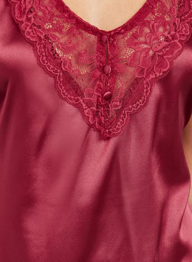 Styli Lace Trim V Neck Button Detail Satin Slip Dress