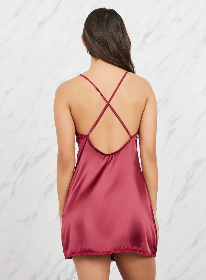 Styli Lace Trim V Neck Button Detail Satin Slip Dress