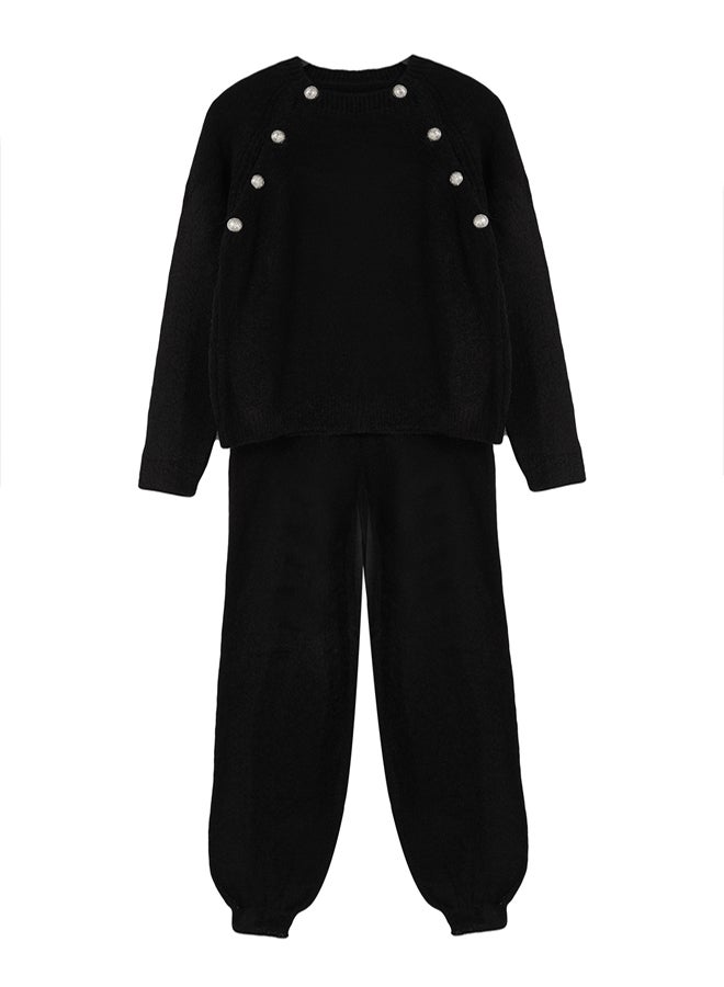 trendyol Black Boucle Yarn Textured Button Detailed Knitwear Bottom-Top Set - Image 5