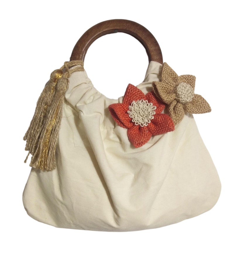 athizay Women Handbags Handcrafted Wooden Handle Tassel Hanging Flower Embellishment Hand Carry Top Handle Artisan Bags for Women Potli Inspired Off White - Image 1