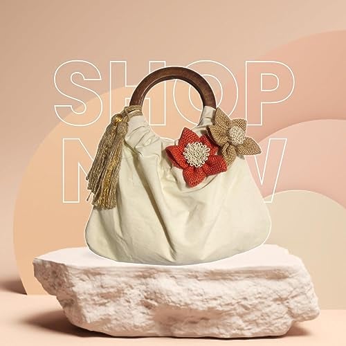 athizay Women Handbags Handcrafted Wooden Handle Tassel Hanging Flower Embellishment Hand Carry Top Handle Artisan Bags for Women Potli Inspired Off White - Image 4
