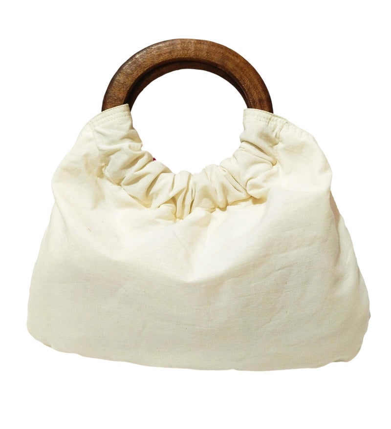 athizay Women Handbags Handcrafted Wooden Handle Tassel Hanging Flower Embellishment Hand Carry Top Handle Artisan Bags for Women Potli Inspired Off White - Image 3