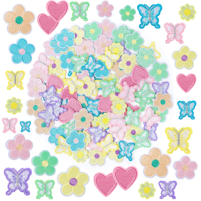Iron on Embroidery Patches Flower for Clothing NICEVINYL 100PCS Pastel Butterfly Heart Embroidered Patches Cute Sew on Small Applique Patches for Fabric Jackets Jeans