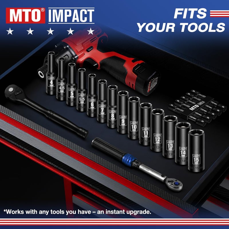 MTO 14-Piece 1/4" Drive Magnetic Deep Impact Socket Set, Metric Size (4mm-15mm) 6 Point Sockets - Image 5