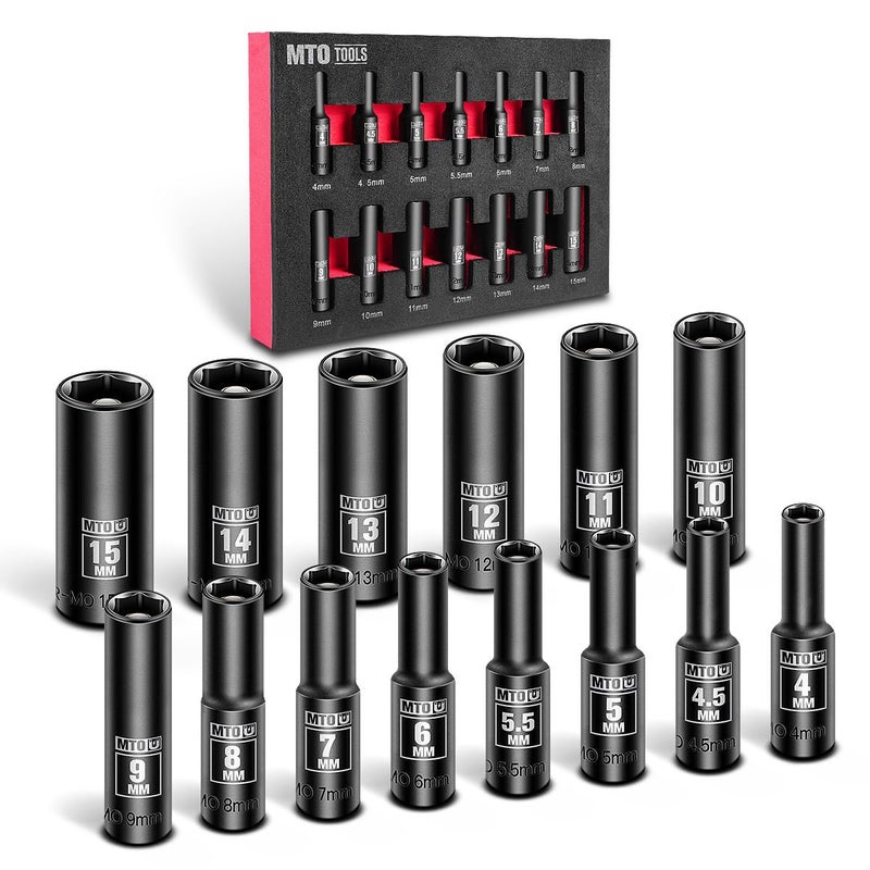MTO 14-Piece 1/4" Drive Magnetic Deep Impact Socket Set, Metric Size (4mm-15mm) 6 Point Sockets - Image 1