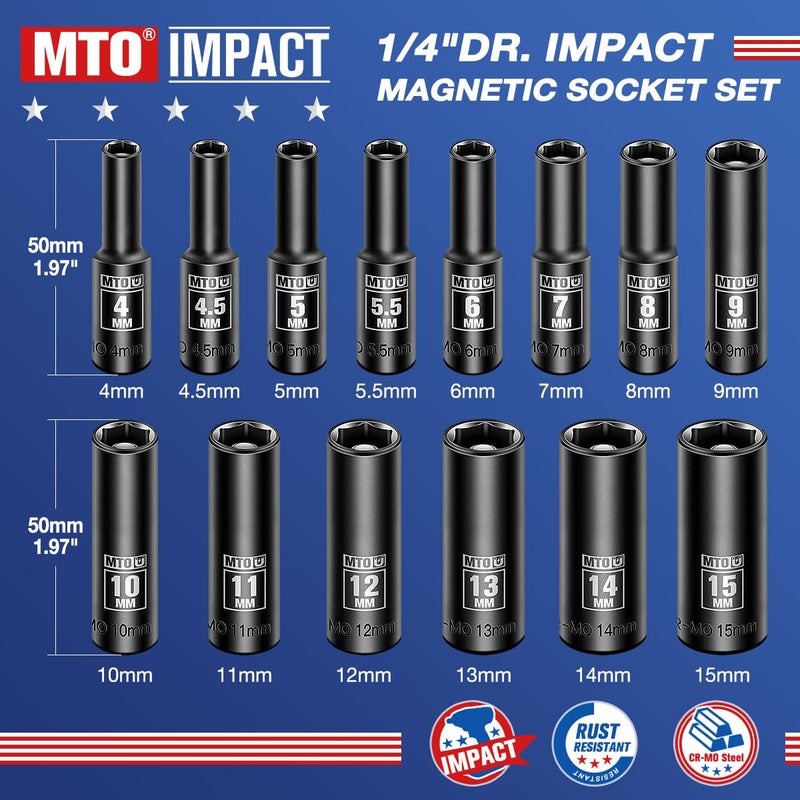 MTO 14-Piece 1/4" Drive Magnetic Deep Impact Socket Set, Metric Size (4mm-15mm) 6 Point Sockets - Image 2
