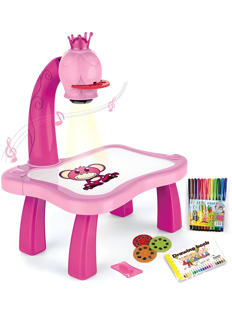 MAGIC VAULT طاولة تعليم للأطفال مع جهاز عرض ذكي وطاولة رسم للأطفال مع موسيقى خفيفة وأداة تعليمية للأطفال وطاولة رسم (وردي) - Image 1
