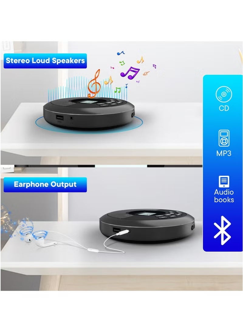 XiuWoo Portable Dual speaker stereo CD Player with Bluetooth 5.0 - Rechargeable Walkman Style Player with Anti-Skip Protection | Built-in Speakers & Includes Headphones | Plays CDs/USB/BT, for Car (Black) - Image 4