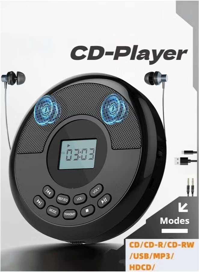 XiuWoo Portable Dual speaker stereo CD Player with Bluetooth 5.0 - Rechargeable Walkman Style Player with Anti-Skip Protection | Built-in Speakers & Includes Headphones | Plays CDs/USB/BT, for Car (Black) - Image 1