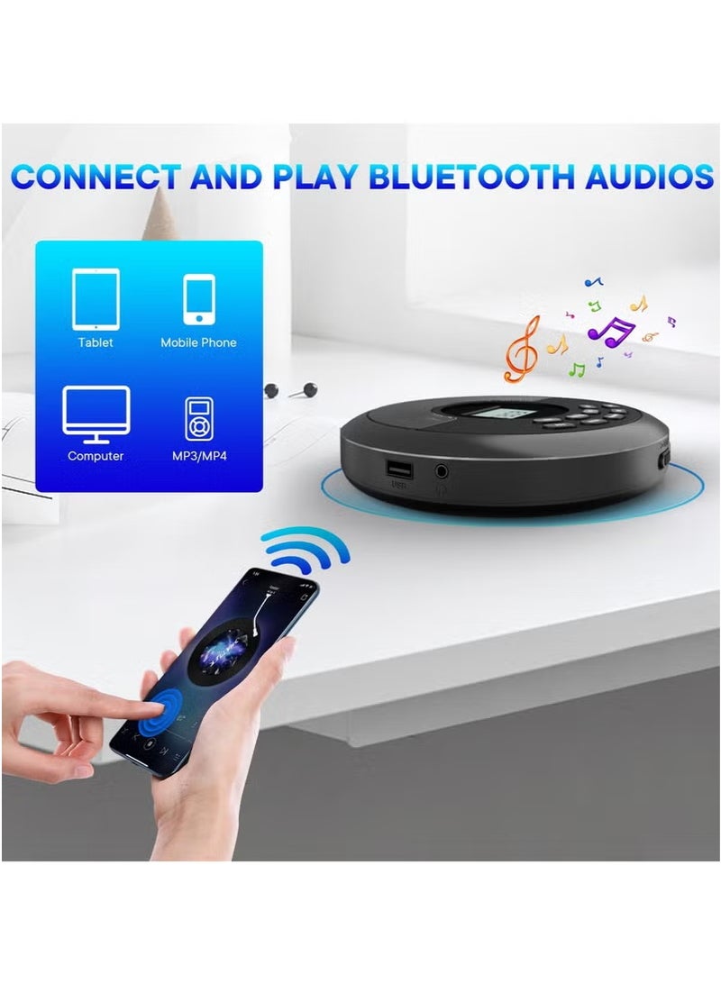 XiuWoo Portable Dual speaker stereo CD Player with Bluetooth 5.0 - Rechargeable Walkman Style Player with Anti-Skip Protection | Built-in Speakers & Includes Headphones | Plays CDs/USB/BT, for Car (Black) - Image 3