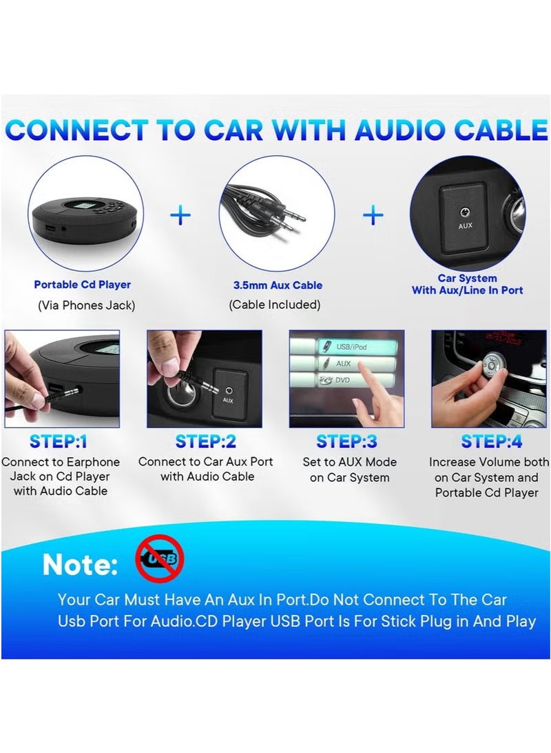 XiuWoo Portable Dual speaker stereo CD Player with Bluetooth 5.0 - Rechargeable Walkman Style Player with Anti-Skip Protection | Built-in Speakers & Includes Headphones | Plays CDs/USB/BT, for Car (Black) - Image 5