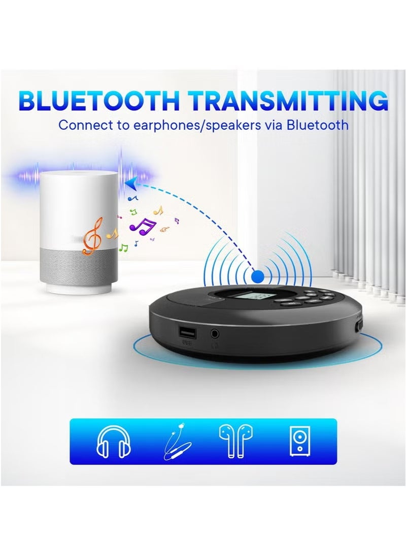 XiuWoo Portable Dual speaker stereo CD Player with Bluetooth 5.0 - Rechargeable Walkman Style Player with Anti-Skip Protection | Built-in Speakers & Includes Headphones | Plays CDs/USB/BT, for Car (Black) - Image 2