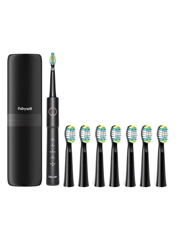 Fairywill toothbrush E11 Ultrasonic Electric Toothbrush with 8 Heads & Travel Bag / black - Image 2