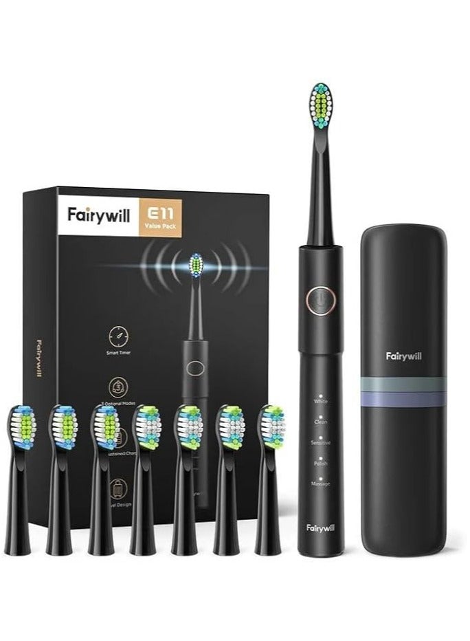 Fairywill toothbrush E11 Ultrasonic Electric Toothbrush with 8 Heads & Travel Bag / black - Image 1