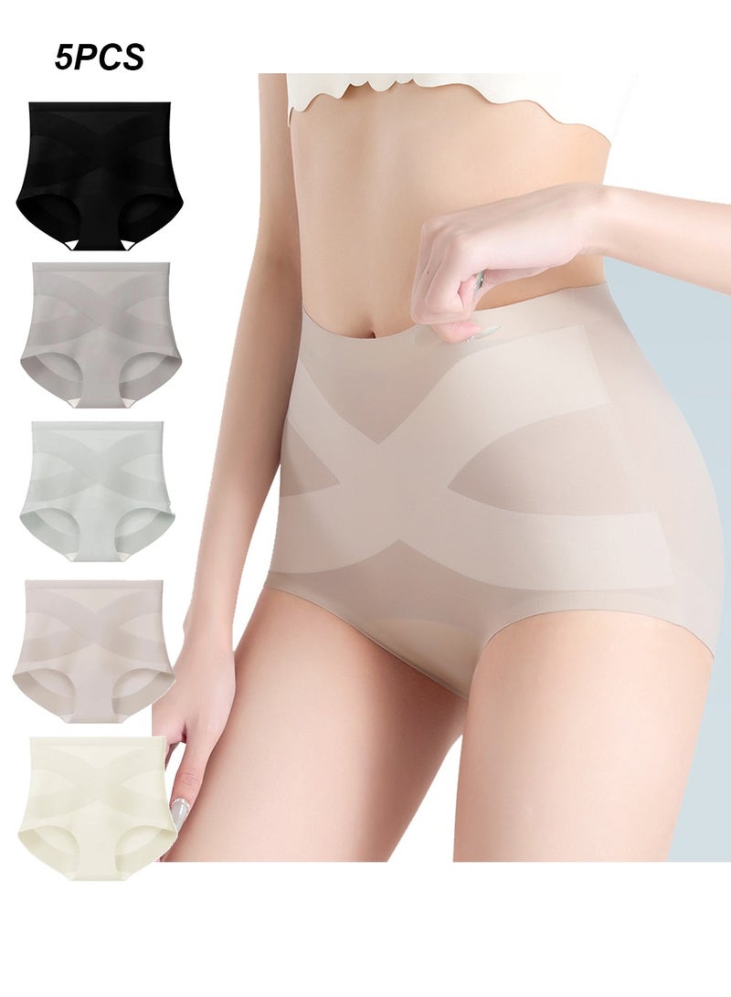 صنفينو 5 قطع/مجموعة سراويل داخلية نسائية من الحرير الجليدي لشد البطن بدون خصر من الحرير عالي الخصر للنساء - Image 1