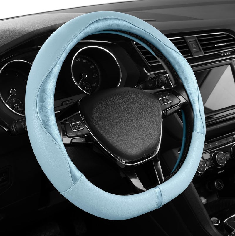 PIC AUTO Steering Wheel Cover, Light Blue Patterned Leather Patchwork Design, Universal Fit 14.5"–15.5" D-Shape Steering Cover, Soft PU Grain Leather, Durable Grip Car Accessory for Girls & Women - Image 2