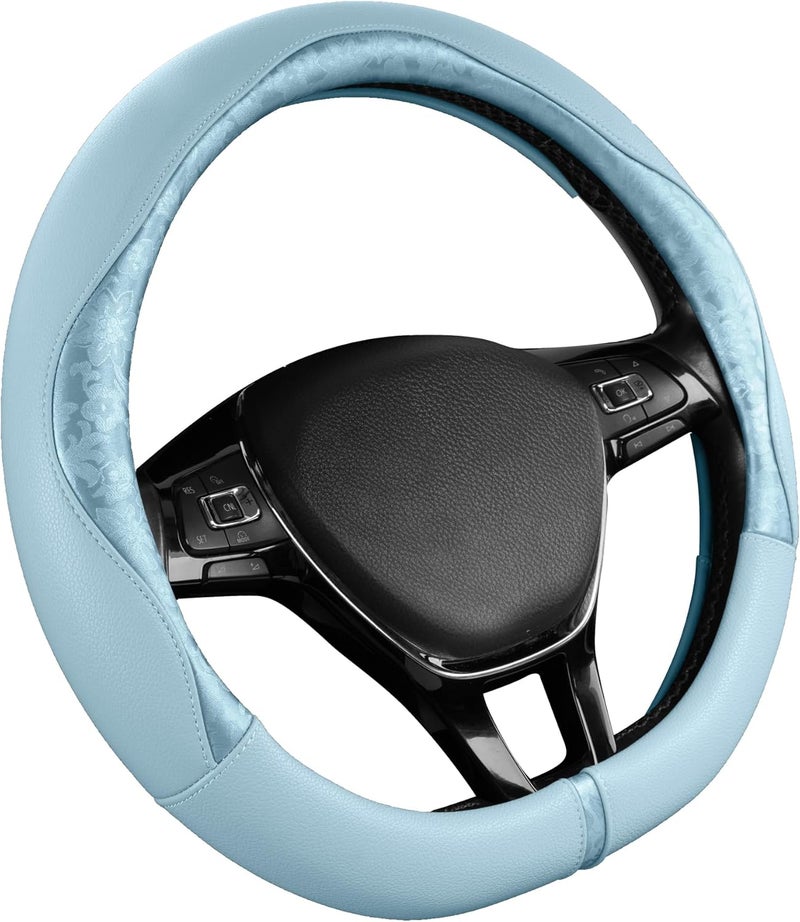 PIC AUTO Steering Wheel Cover, Light Blue Patterned Leather Patchwork Design, Universal Fit 14.5"–15.5" D-Shape Steering Cover, Soft PU Grain Leather, Durable Grip Car Accessory for Girls & Women - Image 1